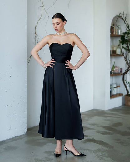 Women's Premium Dense Satin Strapless Midi Dress