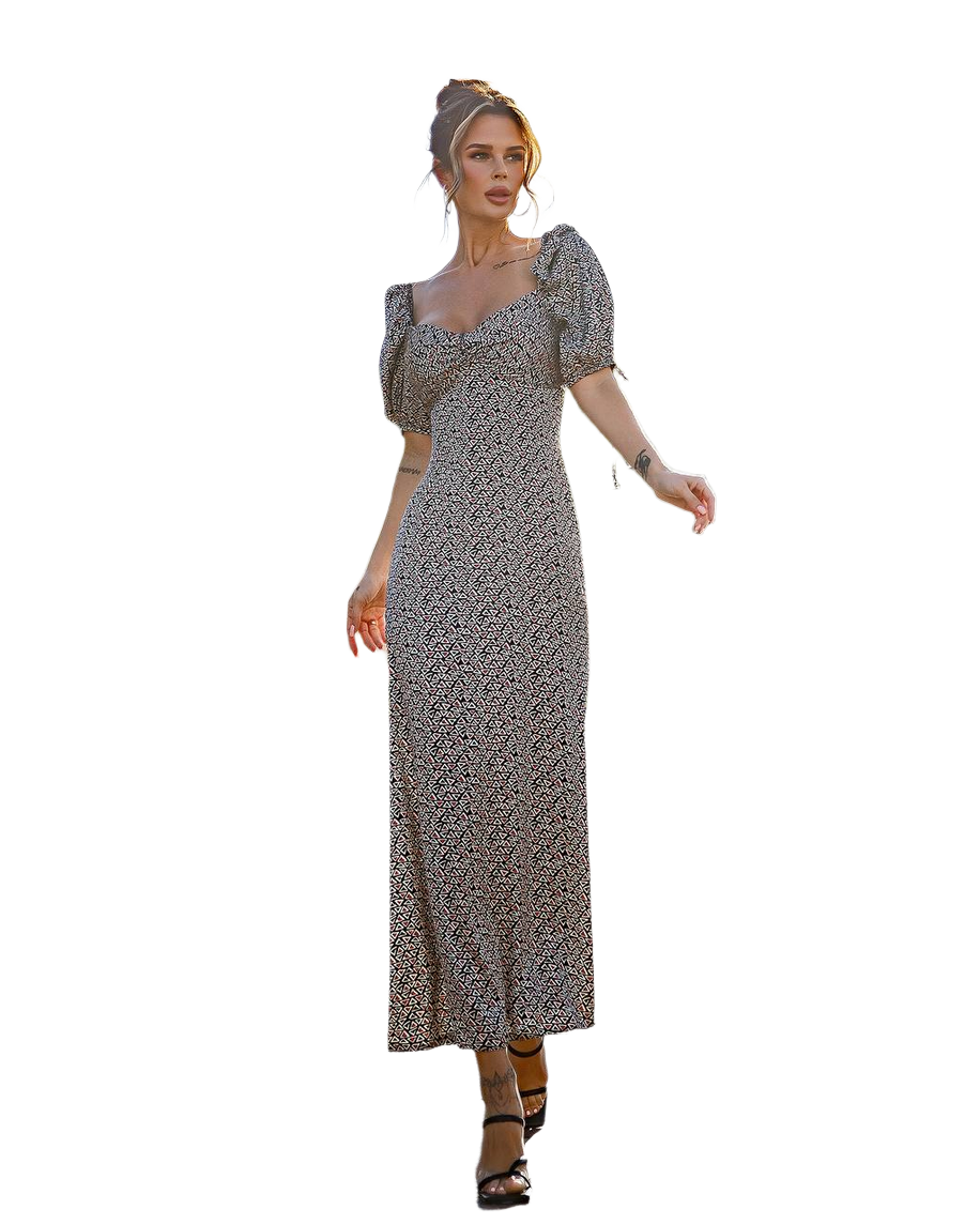 Printed Silk Puff Sleeve Midi Dress for Women