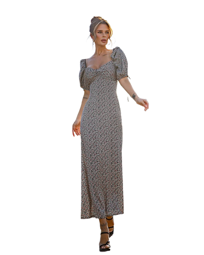 Printed Silk Puff Sleeve Midi Dress for Women