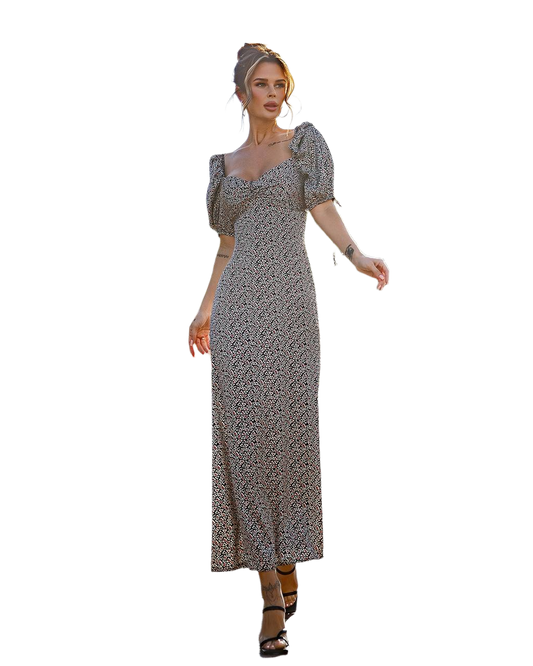 Printed Silk Puff Sleeve Midi Dress for Women