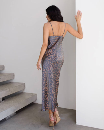 Satin-Viscose Crystal Leopard Print Dress for Women