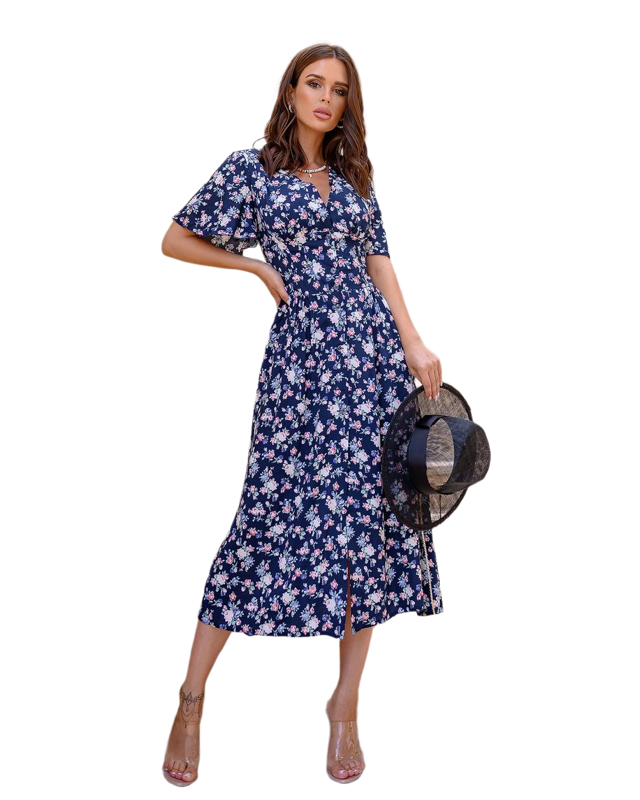 Floral Printed Midi Dress with Short Sleeves for Women