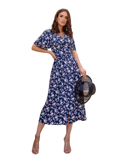 Floral Printed Midi Dress with Short Sleeves for Women