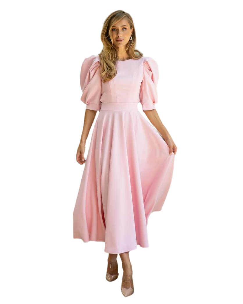 Elegant Pink Diagonal Crepe Midi Dress with Puff Sleeves
