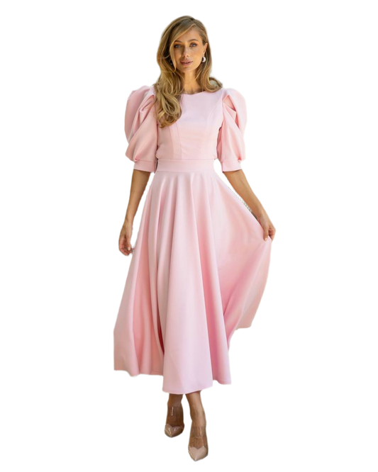 Elegant Pink Diagonal Crepe Midi Dress with Puff Sleeves