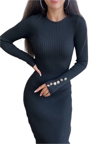 Black Ribbed Knit Silhouette Dress Women Long Sleeve Stretchy