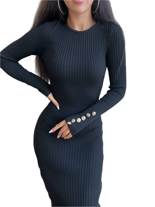 Black Ribbed Knit Silhouette Dress Women Long Sleeve Stretchy