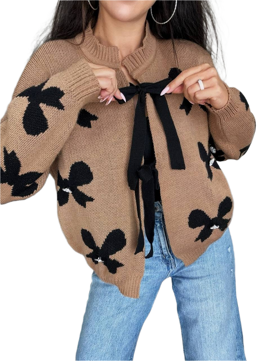 Womens Fine Knit Cardigan Bow Tie Closure
