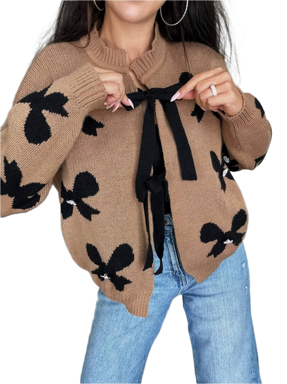 Womens Fine Knit Cardigan Bow Tie Closure