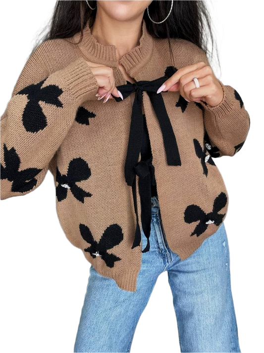 Womens Fine Knit Cardigan Bow Tie Closure