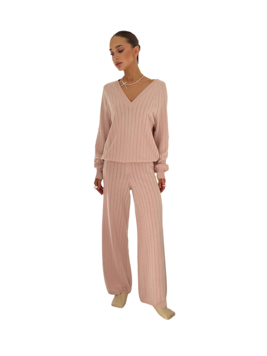 Spring Womens Knit Suit with Dropped Sleeve Pink