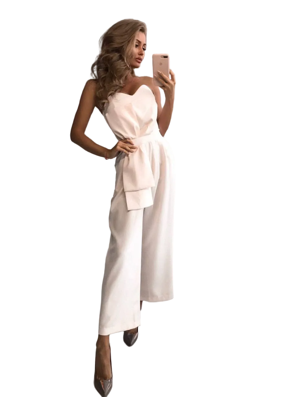 SALE Strapless Blush Jumpsuit Suiting Crepe Diagonal Wide Leg Elegant Evening