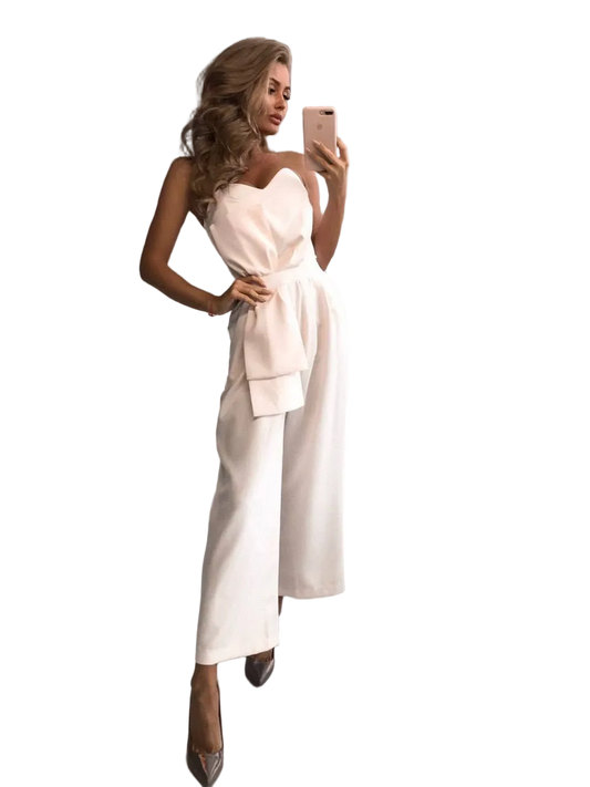 SALE Strapless Blush Jumpsuit Suiting Crepe Diagonal Wide Leg Elegant Evening