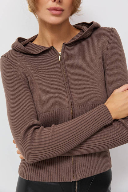 Brown ribbed sweater with a hood on a white background