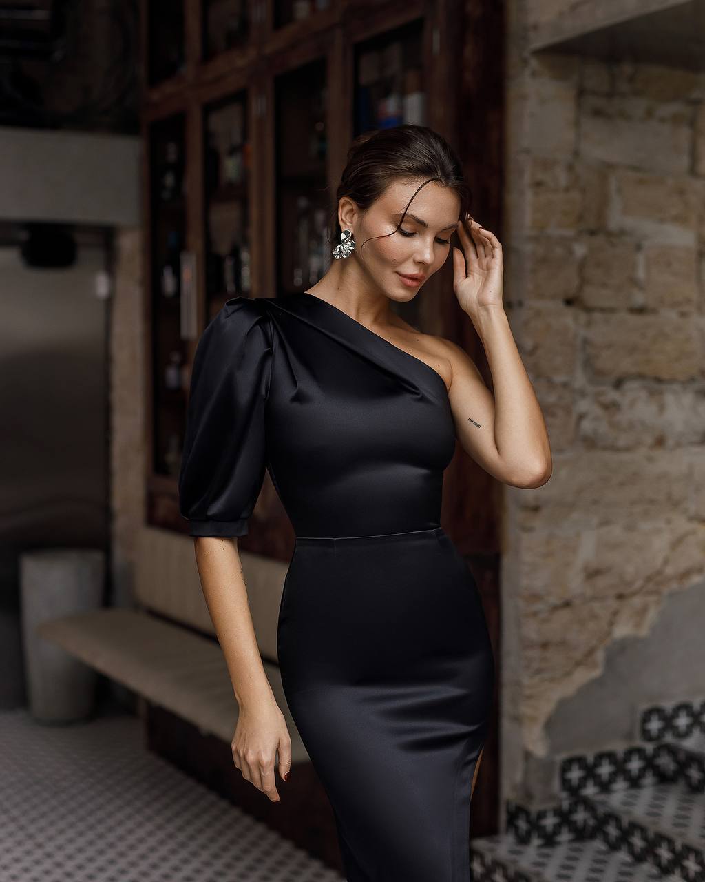 Asymmetric One Shoulder Midi Dress in Premium Mango Satin