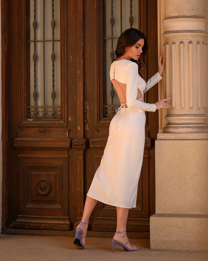 Women's Elegant Midi Dress in Milk Color with Open Back