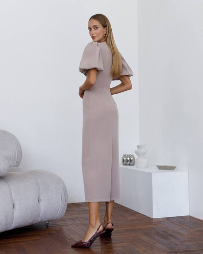 Elegant Midi Dress with Puff Sleeves and Cutout Detail
