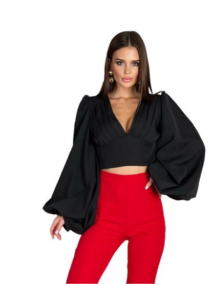 Elegant Women's Diagonal Crepe Top Blouse with Puff Sleeves