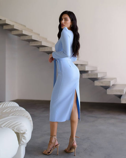 Womens Tailored Crepe Square Neck Midi Dress with Waist Tie