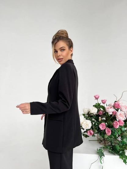 Black Palazzo Suit for Women Diagonal Crepe Tailored Wide Leg Pantsuit