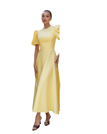 Women Midi Dress Premium Diagonal Suit Crepe Yellow Puff Sleeve