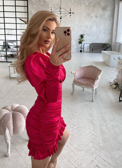 Elegant Red Silk Ruched Mini Dress with Long Sleeves and Ruffle Hem