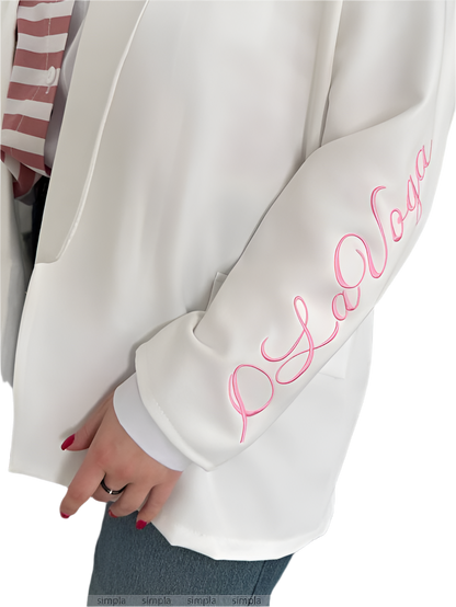 Extended White Blazer with Embroidered Sleeve