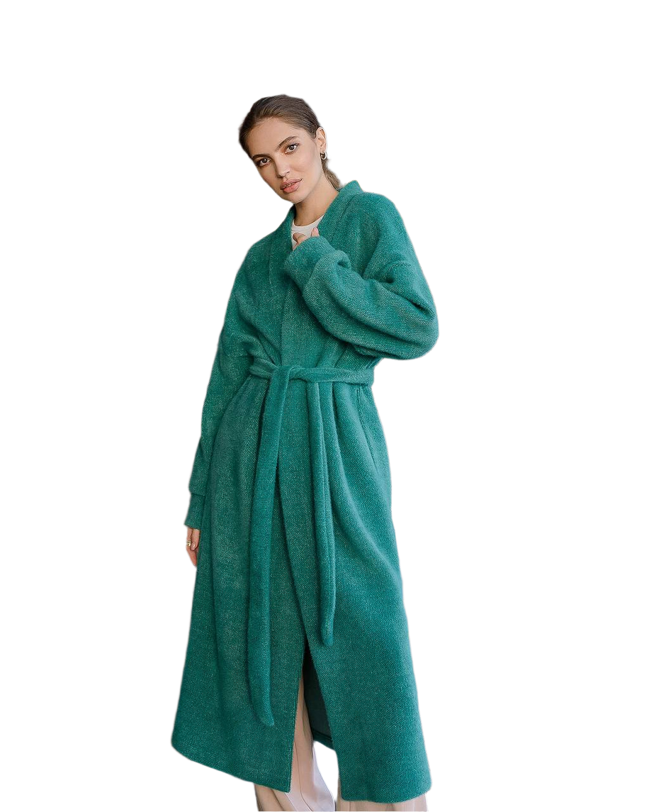 Womens Silva Fluffy Cardigan Long Sleeve Belted Coat Emerald Green