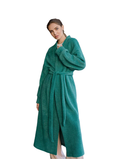Womens Silva Fluffy Cardigan Long Sleeve Belted Coat Emerald Green