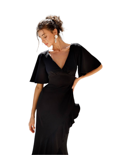 Elegant Black Crepe Silk Evening Dress with Ruffles and V-Neck