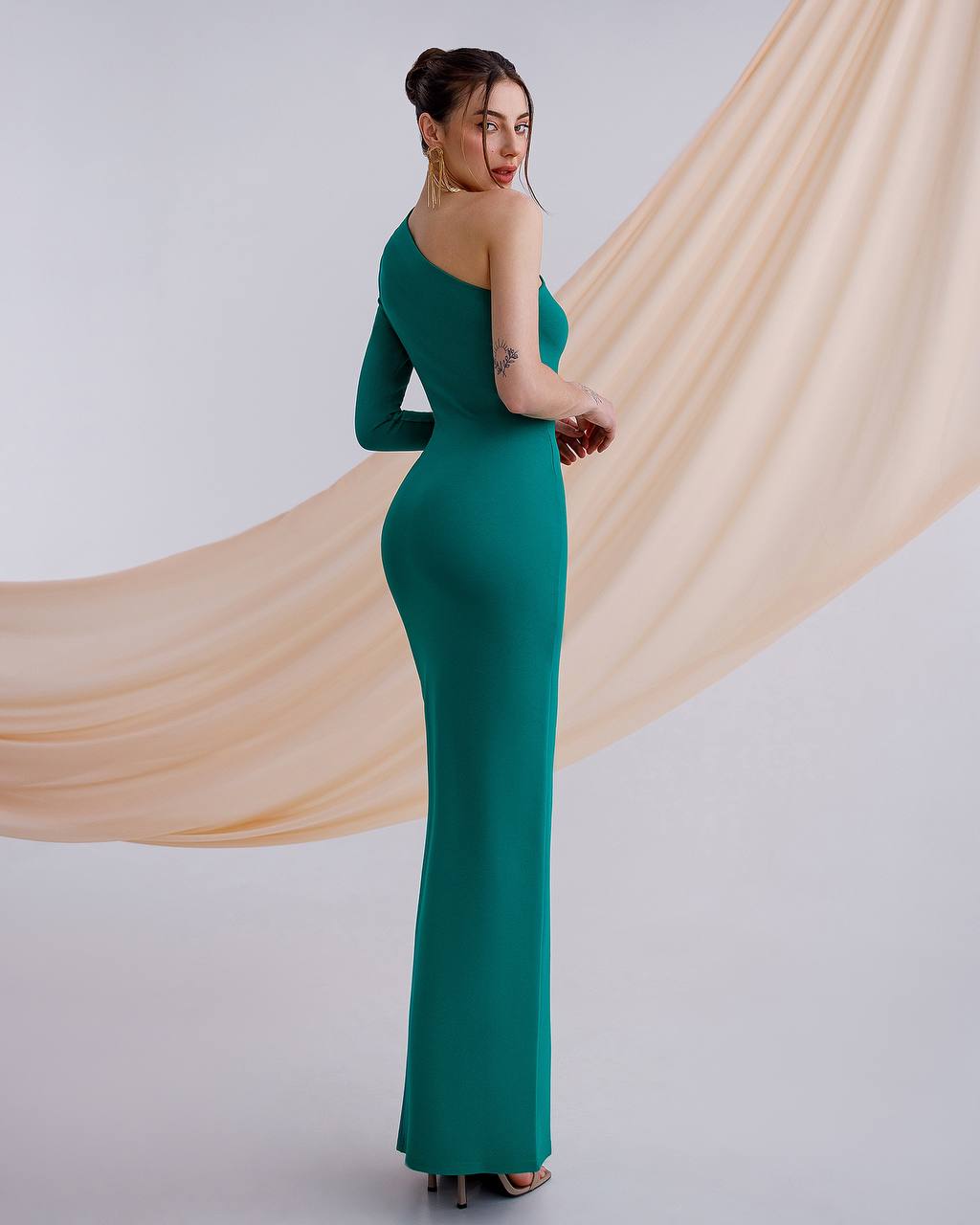 Asymmetric One Sleeve Bandage Knit Dress with High Slit for Women
