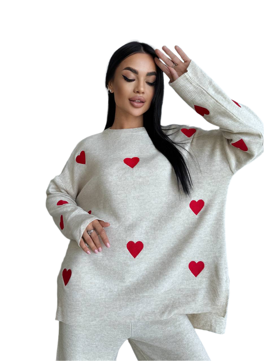 Cozy Women's Wool Blend Sweater with Red Heart Embroidery