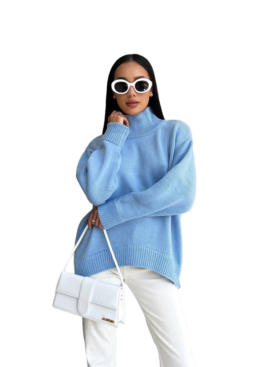 Light Blue Wool Blend Turtleneck Sweater Oversized Knit Pullover