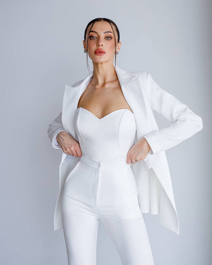 Elegant Premium Diagonal Crepe Women's Suit in White with Peplum Jacket and Flared Pants