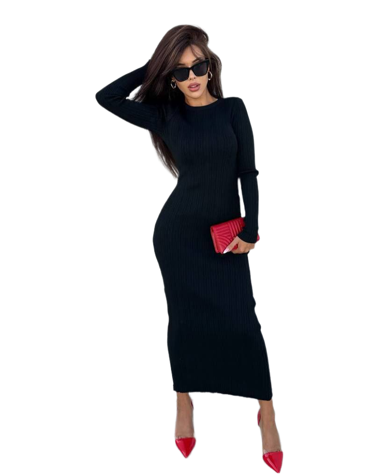 Elegant Black Ribbed Knit Long Sleeve Dress for Women