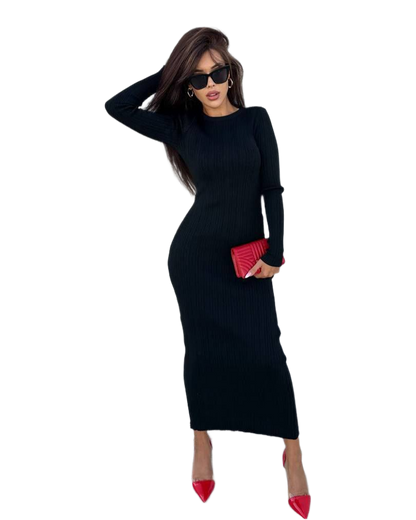 Elegant Black Ribbed Knit Long Sleeve Dress for Women