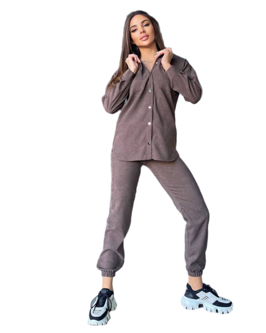 Womens Micro Velvet Suit High Waist Pants with Elastic and Snap Button Shirt Brown