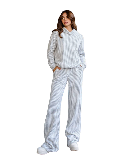 Womens Houndstooth Pattern Suit Set Dense Knit Fabric Imitation Rabbit Fur