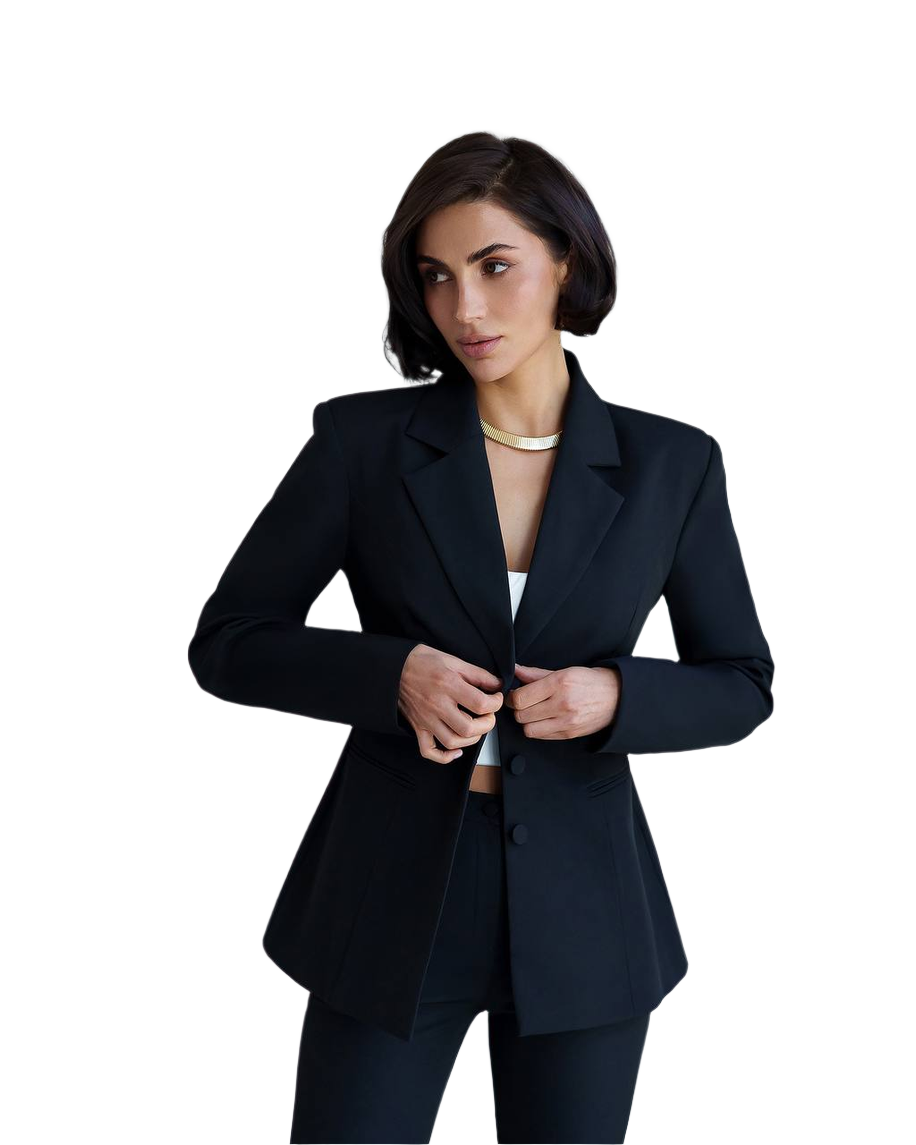 Woman wearing a black blazer on a white background