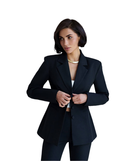 Woman wearing a black blazer on a white background