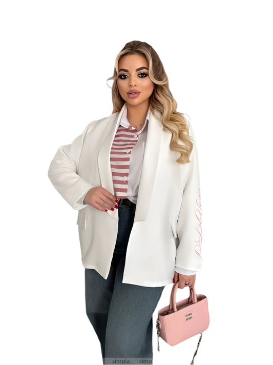Extended White Blazer with Embroidered Sleeve