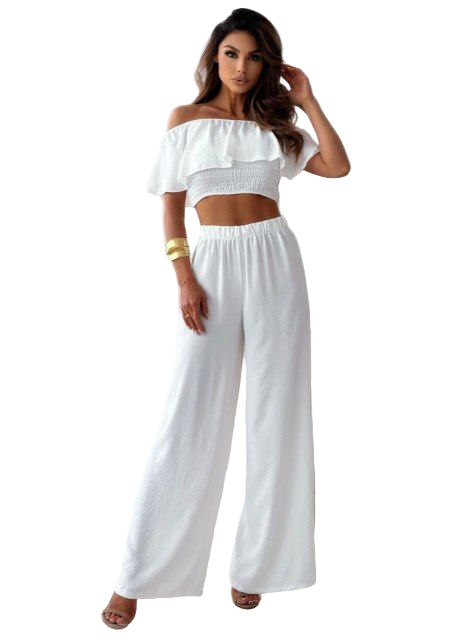 Elegant White Two-Piece Women's Outfit Off-Shoulder Crop Top and High-Waisted Wide-Leg Pants