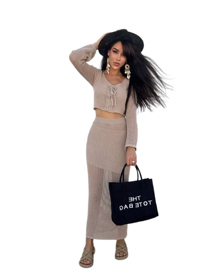 Knitted Summer Suit for Women Two-Piece Set Crop Top and Skirt