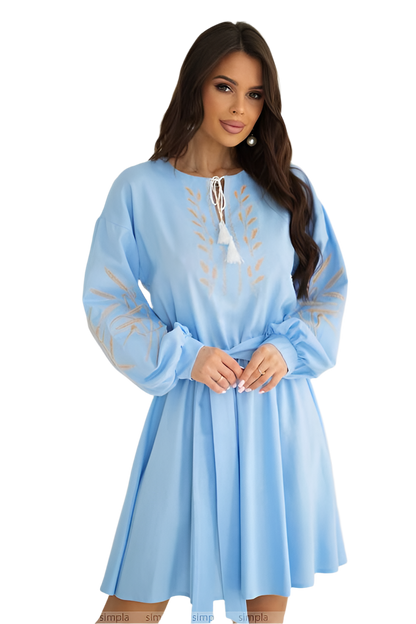 Light Blue Linen Embroidered Dress with Flared Skirt and Waist Belt