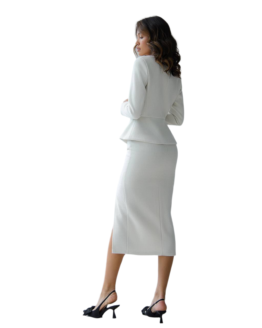 Woman wearing a white suit on a white background