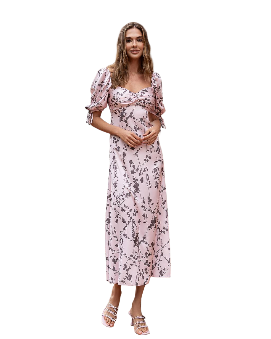 Elegant Printed Silk Midi Dress with Puff Sleeves
