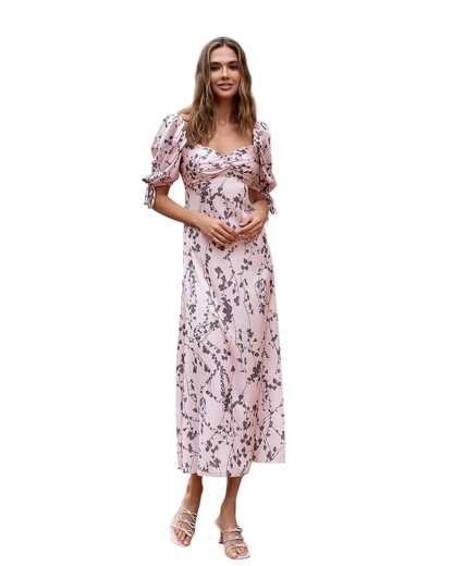 Elegant Printed Silk Midi Dress with Puff Sleeves