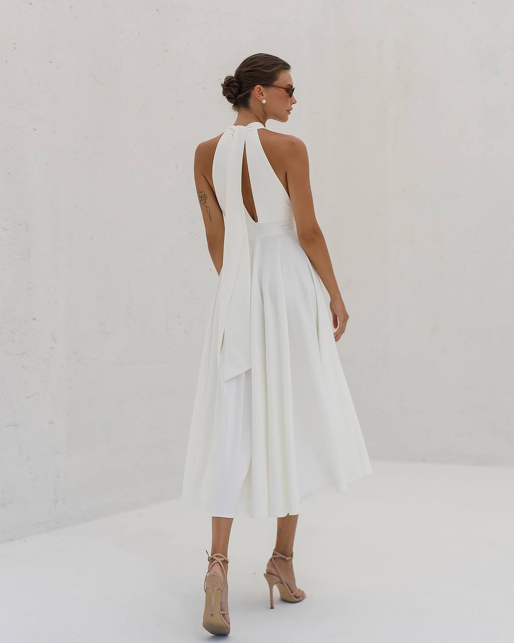 Elegant White Midi Dress for Women Premium Crepe Diagonal Fabric