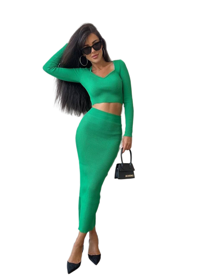 Amelie Knitted Two-Piece Suit for Women Ribbed Stretchy Top and Skirt Set