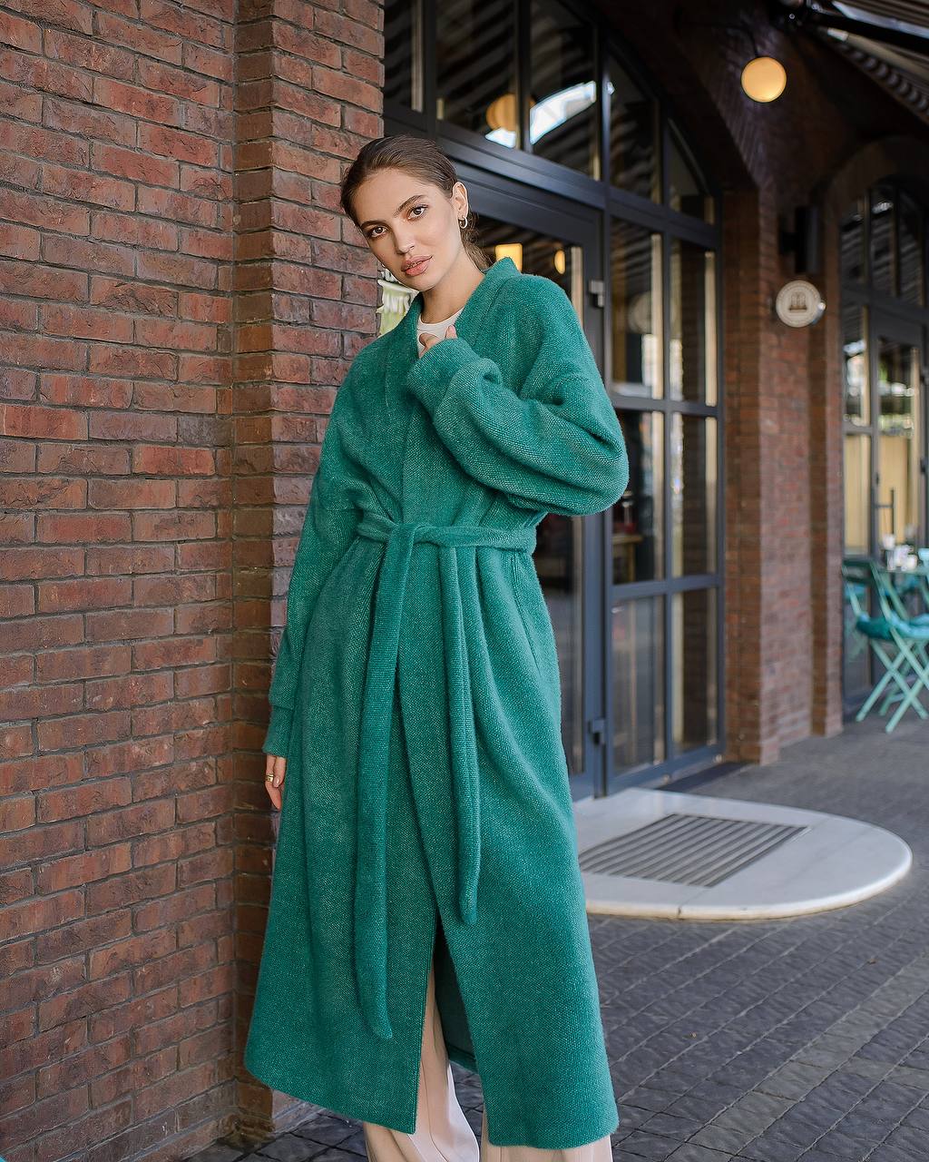 Womens Silva Fluffy Cardigan Long Sleeve Belted Coat Emerald Green